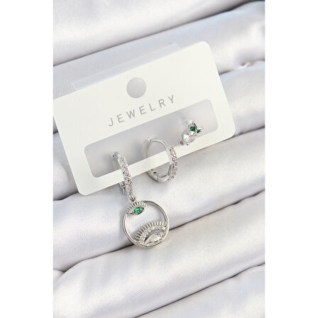 Pirinç Zirkon Taşlı Göz Ve Baykuş Model Gümüş Renk 3'lü Çift Kadın Küpe Set