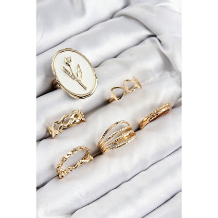 Pirinç Zirkon Taşlı Lale Model Gold Renk Kadın Yüzük Kombin Set