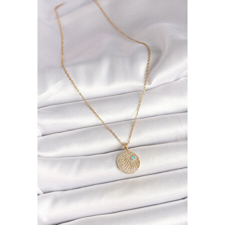 316L Çelik Gold Renk Zincir Zirkon Taş İşlemeli Mavi Taş Detaylı Madalyon Model Kadın Kolye