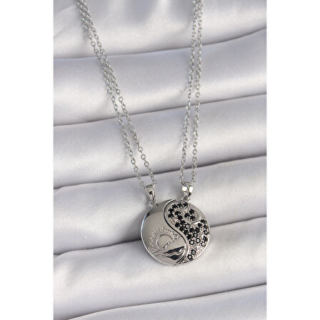 316L Çelik Gümüş Renk Zincir Zirkon Taşlı Ying Yang Model Gün Batımı İşlemeli Arakdaşlık Kadın Kolye