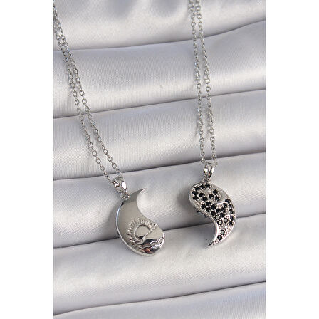 316L Çelik Gümüş Renk Zincir Zirkon Taşlı Ying Yang Model Gün Batımı İşlemeli Arakdaşlık Kadın Kolye