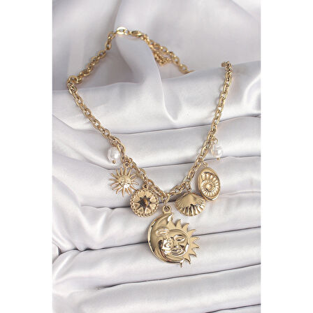316L Çelik Gold Renk Ay Güneş Figür Deniz Kabuğu Detay Kadın Kolye