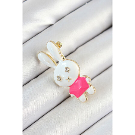 Zirkon Taş Detaylı Beyaz Ve Pembe 3D Tavşan Figürlü Kadın Broş