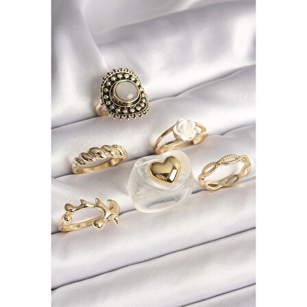 Pirinç Gold Renk Beyaz Gül Figür Kalp İşlemeli Sarmal Detay 6'Lı Kadın Yüzük Seti