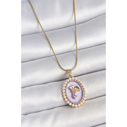 316L Çelik Gold Renk Zincir Mor Mineli İncili Zirkon Taşlı Çiçek İşlemeli Portre Model Kadın Kolye