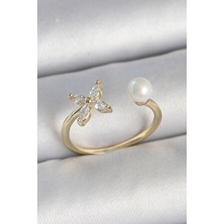 Pirinç Gold Renk Zirkon Taşlı Çiçek Model İnci Detay Ayarlanabilir Kadın Yüzük