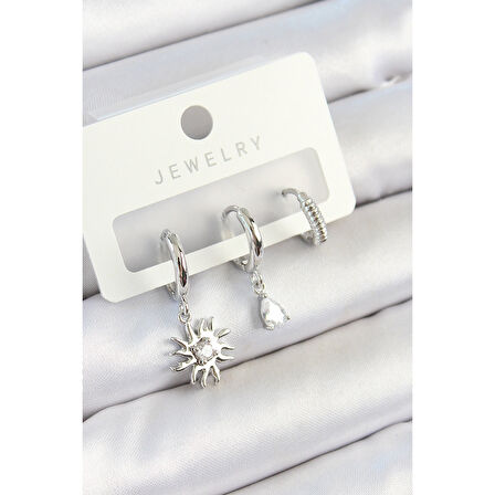 Pirinç Zirkon Taşlı Güneş Model Gümüş Renk 3'lü Çift Kadın Küpe Set