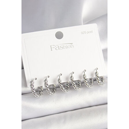 925 Ayar Gümüş Çivi Pirinç Gümüş Renk Sarmal Halka Model Kadın Küpe Seti