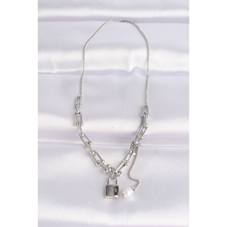 316L Çelik Zincir Gümüş Renk Zincirli Love Yazılı Kilit Kolye