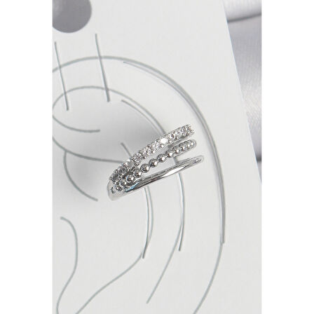 Pirinç Gümüş Renk Zirkon Taşlı 3'Lü Sıralı Model Kadın Kıkırdak Küpe