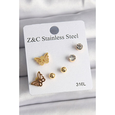 316L Çelik Gold Renk Zirkon Taşlı Kelebek Figür Kadın Küpe Seti