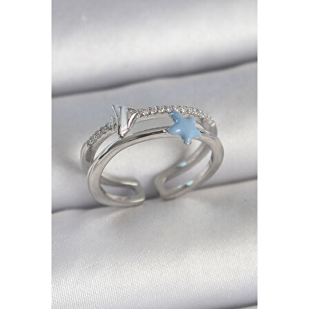 Pirinç Gümüş Renk 2'Li Zirkon Taşlı Mavi Yıldız Figür Ayarlanabilir Kadın Yüzük