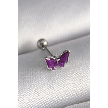 316L Çelik Gümüş Renk Mor Kelebek Model Tragus Piercing