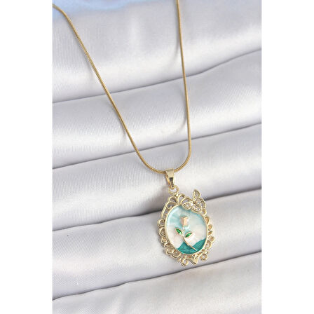 316L Çelik Gold Renk Zincir Mavi Mineli Çiçek İşlemeli Zirkon Taş Detaylı Portre Model Kadın Kolye