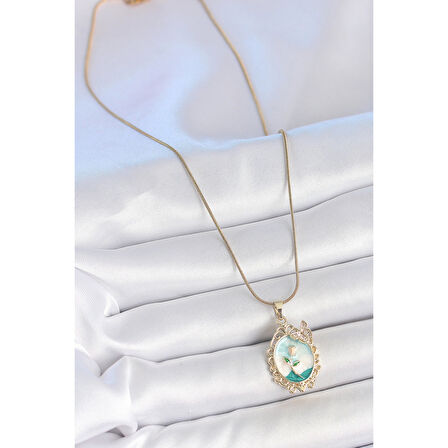 316L Çelik Gold Renk Zincir Mavi Mineli Çiçek İşlemeli Zirkon Taş Detaylı Portre Model Kadın Kolye