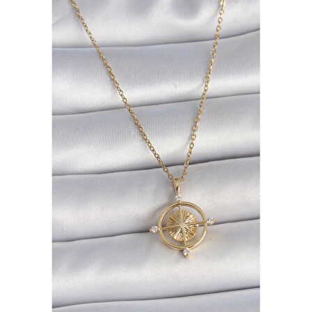 316L Çelik Gold Renk Zincir Zirkon Taşlı Pusula Model Kadın Kolye