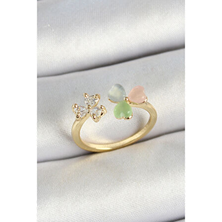 Pirinç Kalp Figürlü Zirkon Taşlı Gold Renk Ayarlanabilir Kadın Yüzük