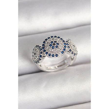 Pirinç Gümüş Renk Zirkon Taşlı Nazar Boncuk Model Ayarlanabilir Kadın Yüzük