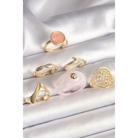 Pirinç Gold Renk Pembe Plastik Yüzük Model Daire Pembe Mine Yılan Detay 6'Lı Kadın Yüzük Seti