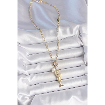 İnci Detaylı Zirkon Taşlı Balık Figürlü Gold Renk Pirinç Kolye