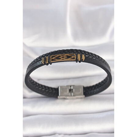 316L Çelik Gold Renk Aksesuarlı Çift Sıra Siyah Burgu Desenli Deri Kordon Erkek Bileklik