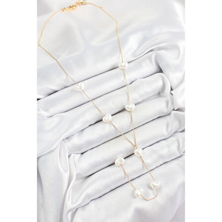 316L Çelik İncili Kalp Figürlü Y Model Gold Renk Kadın Kolye