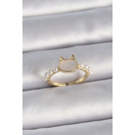 Pirinç Gold Renk Ayarlanabilir Beyaz Mineli Kedi Model İnci Detay Kadın Yüzük