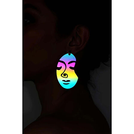 Rainbow Reflektörlü Soyut Kadın Yüzü Küpe, Şık Lazer Kesim Küpe