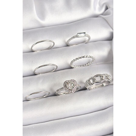 Pirinç Gümüş Renk Zirkon Taşlı Kalp Model Kadın Yüzük Kombini