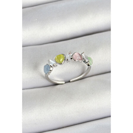 Pirinç Sıralı Kalp Figürlü Zirkon Taşlı Gümüş Renk Ayarlanabilir Kadın Yüzük