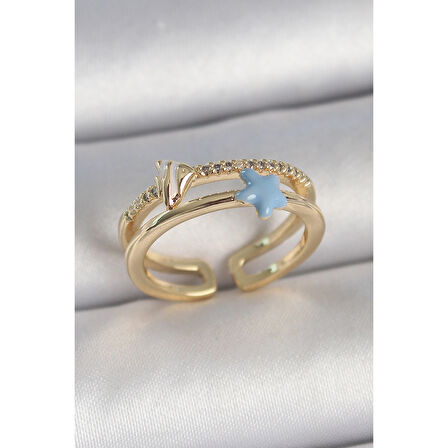 Pirinç Gold Renk 2'Li Zirkon Taşlı Mavi Yıldız Figür Ayarlanabilir Kadın Yüzük