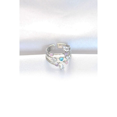 Renkli Zirkon Taşlı Silver Renk Ayarlanabilir Yüzük