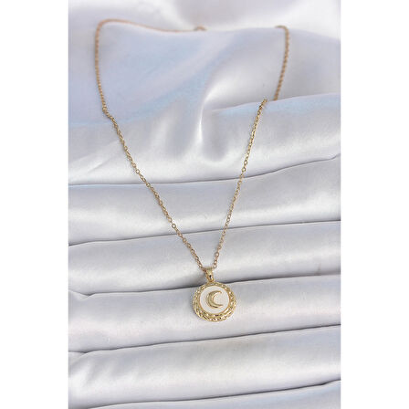 316L Çelik Gold Renk Zincir Beyaz Mineli Hilal İşlemeli Madalyon Model Kadın Kolye