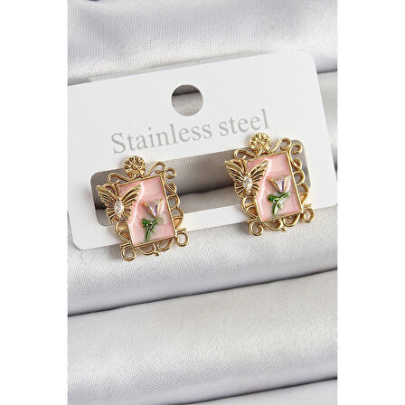 Pirinç Pembe Mineli Sanatsal Portre Model Gold Renk Kadın Küpe