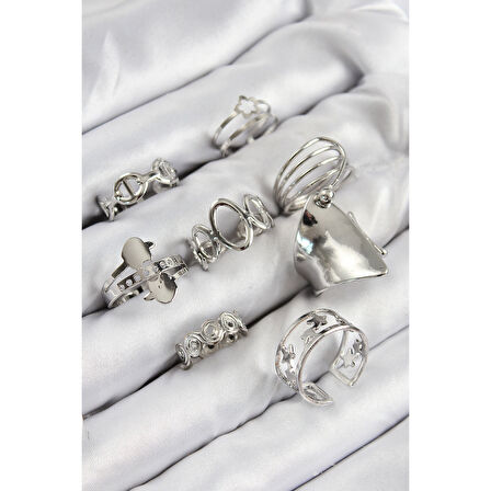 Pirinç Sarmal Ve Yıldız Model Gümüş Renk Kadın Yüzük Kombin Set