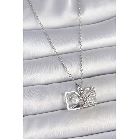 316L Çelik Gümüş Renk Zincir Zirkon Taşlı İncili Açılır Elmas Model Kadın Kolye