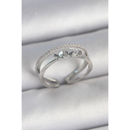 Pirinç Gümüş Renk 2'Li Zirkon Taş Detaylı Kelebek Figür Ayarlanabilir Model Kadın Yüzük