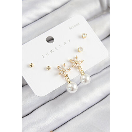 Pirinç Zirkon Taşlı İnci Sallantılı Çiçek Model Gümüş Renk 925 Ayar Gümüş Çivi Kadın Küpe Set