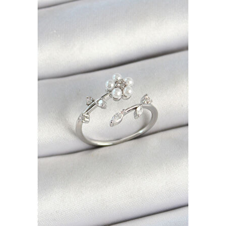 Pirinç İnci Detaylı Papatya Figürlü Zirkon Taşlı Gümüş Renk Ayarlanabilir Kadın Yüzük