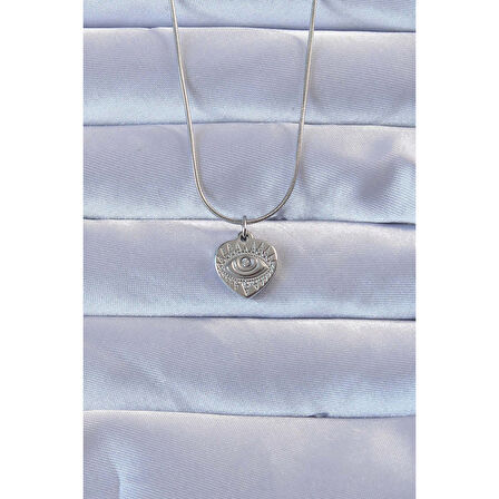 316L Gümüş Renk Zirkon Taşlı İşlemeli Göz Detay Kalp Kolye