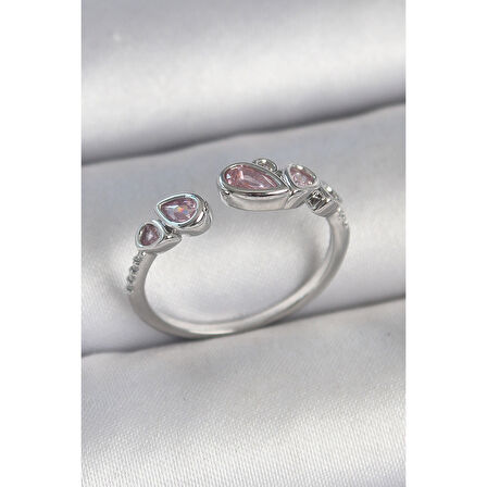 Pirinç Gümüş Renk Pembe Damla Zirkon Taşlı Ayarlanabilir Model Kadın Yüzük