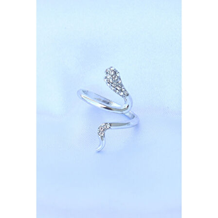 Pirinç Gümüş Renk Ayarlanabilir Zirkon Taşlı Yılan Yüzük