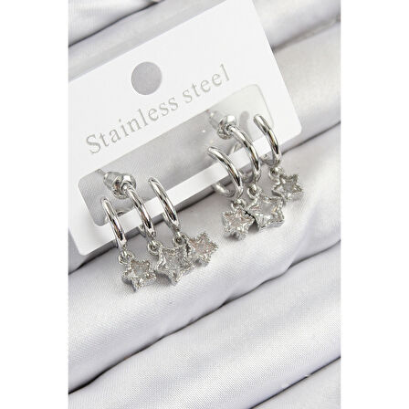 Pirinç Zirkon Taşlı Sallantılı Yıldız Model Gümüş Renk Kadın Küpe