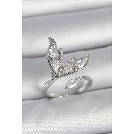 Pirinç Gümüş Renk Zirkon Taşlı Balık Kuyruğu Model Ayarlanabilir Kadın Yüzük