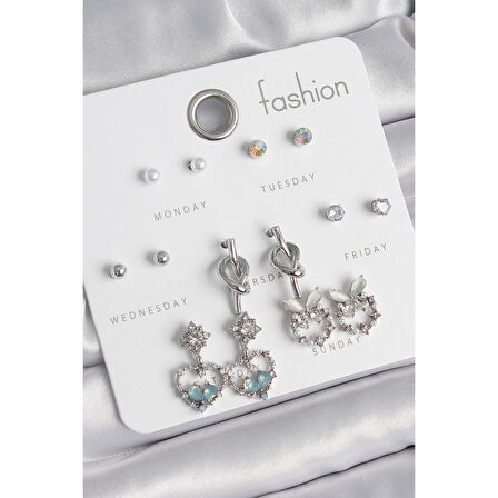 Pirinç Gümüş Renk Sallantı Zirkon Taşlı Kalp Model Düğüm Detay 7 Çift Kadın Küpe Seti