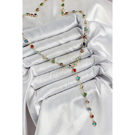 Pirinç Gold Renk Karışık Renk Zirkon Taşlı Kalpli Y Kadın Kolye