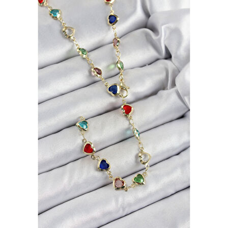 Pirinç Gold Renk Karışık Renk Zirkon Taşlı Kalpli Y Kadın Kolye