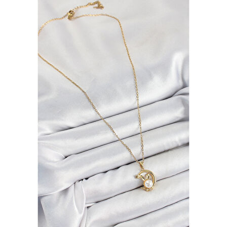 316L Çelik İnci Detaylı Hilal Tavşan Model Gold Renk Kadın Kolye