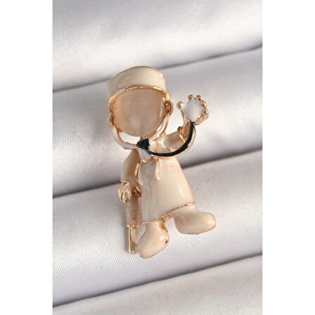 Pirinç Gold Renk Beyaz Mineli Doktor Model Kadın Broş