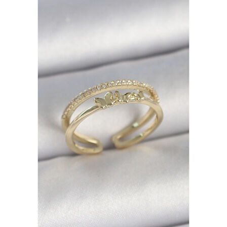 Pirinç Gold Renk 2'Li Sıra Zirkon Taş Detaylı Kelebek Figürlü Ayarlanabilir Model Kadın Yüzük